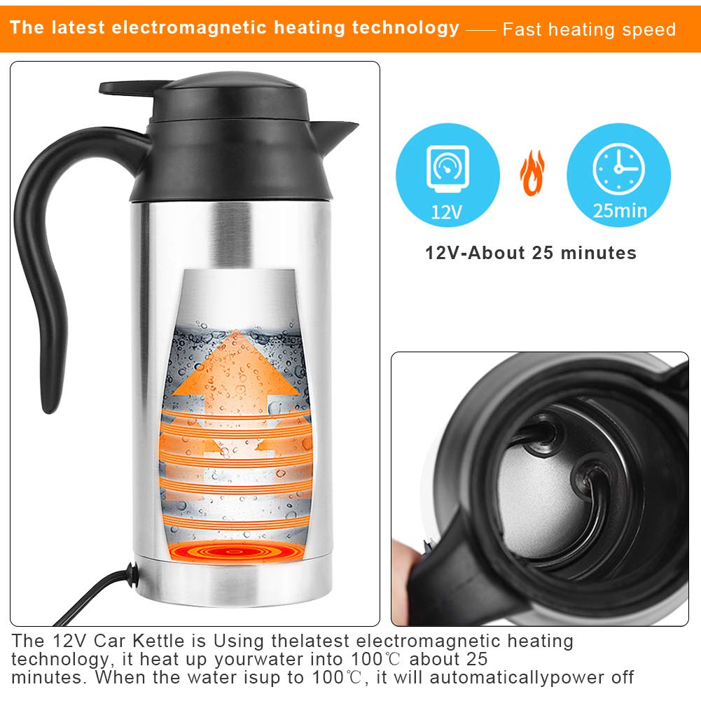 Hervidor Eléctrico de Acero Inoxidable para Coche Portátil con Termómetro 12 V 750 ML para Viaje