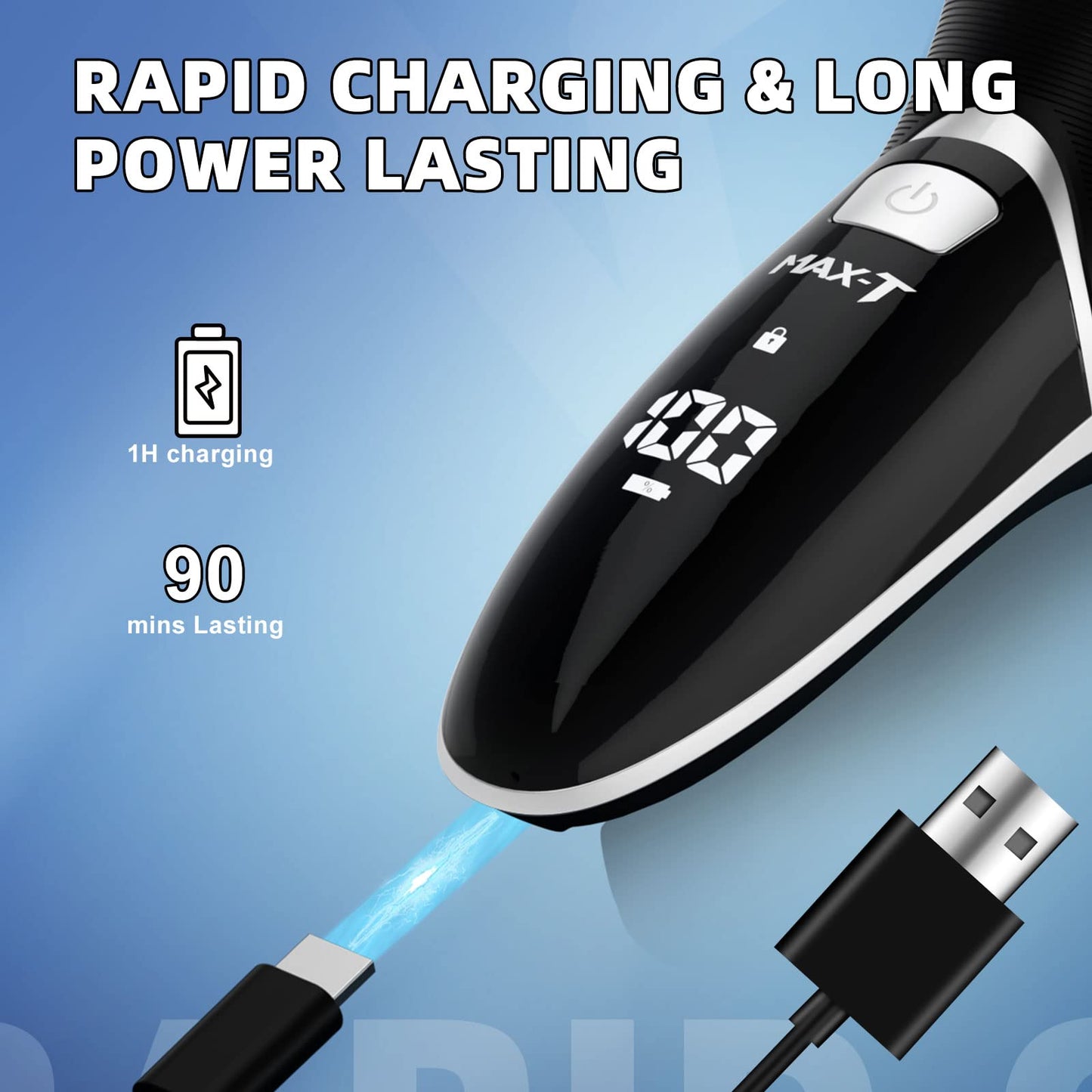 MAX-T Electric Shaver USB Quick Charge Rotary Shaver Digital Display Battery Usage Smart Travel Lock 100% Waterproof Wet & Dry Shave (8101A with USB Cable)