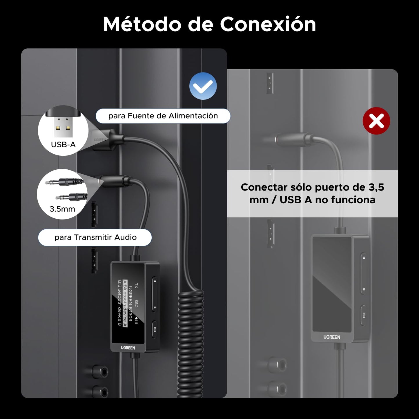 Transmisor Receptor Bluetooth 5.4 UGREEN Negro 2 en 1 para Llamadas Manos Libres y Altavoces de Coche Stereo