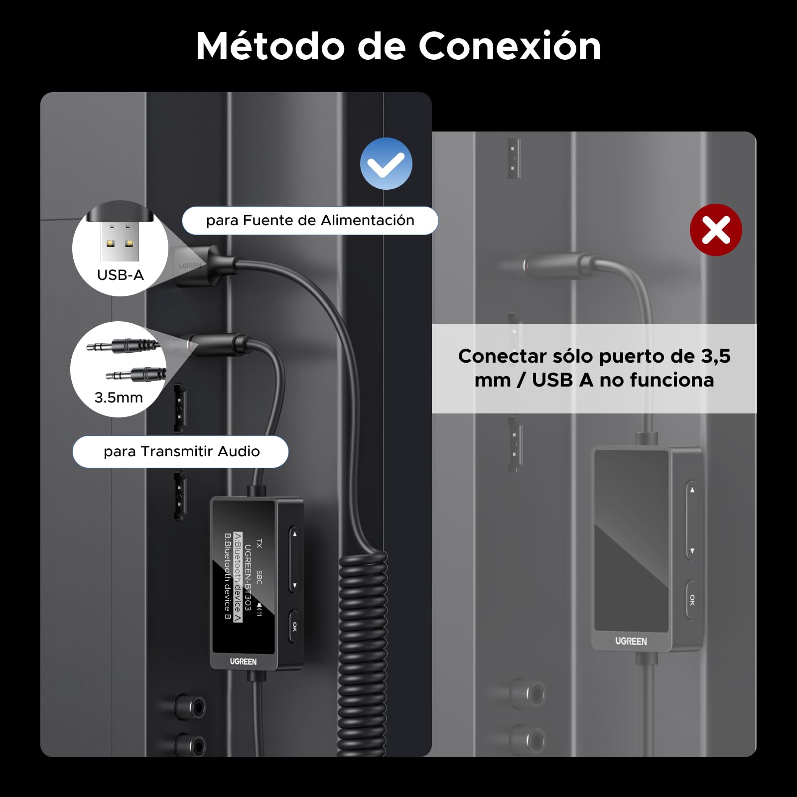Transmisor Receptor Bluetooth 5.4 UGREEN Negro 2 en 1 para Llamadas Manos Libres y Altavoces de Coche Stereo