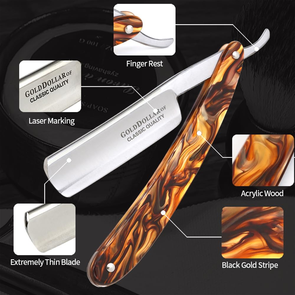 Gold Dollar- Navaja de afeitar retro para hombre con mango acrílico, para barbería, lista para afeitarse, sin raspador estabilizador