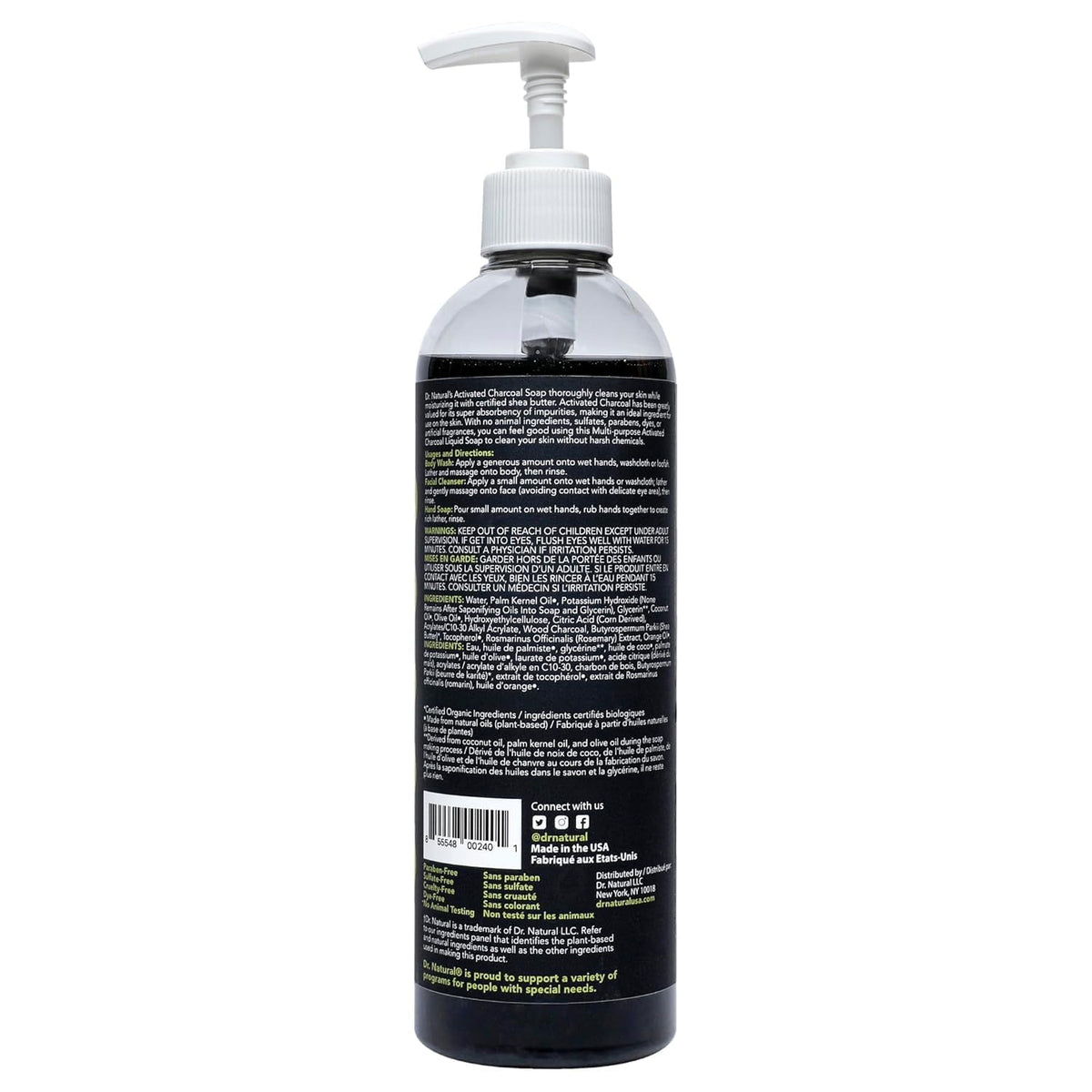 Dr. Natural Jabón Liquido Facial y para Cuerpo con Carbón Activado | Exfoliante Corporal y Facial | Natural, Vegano y Orgánico | Hecho de Plantas Con Aceite de Oliva y Coco, Manteca de Karité y Romero (473 ml, Cítricos)