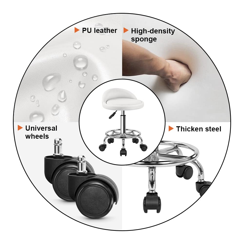 KKTONER Taburete de Cuero Artificial con Respaldo Giratorio Bancos con Ruedas de Altura Ajustable con Ruedas para Pintar Tatuaje Masaje SPA Tienda Taburete de Trabajo con Pedal(Blanco)