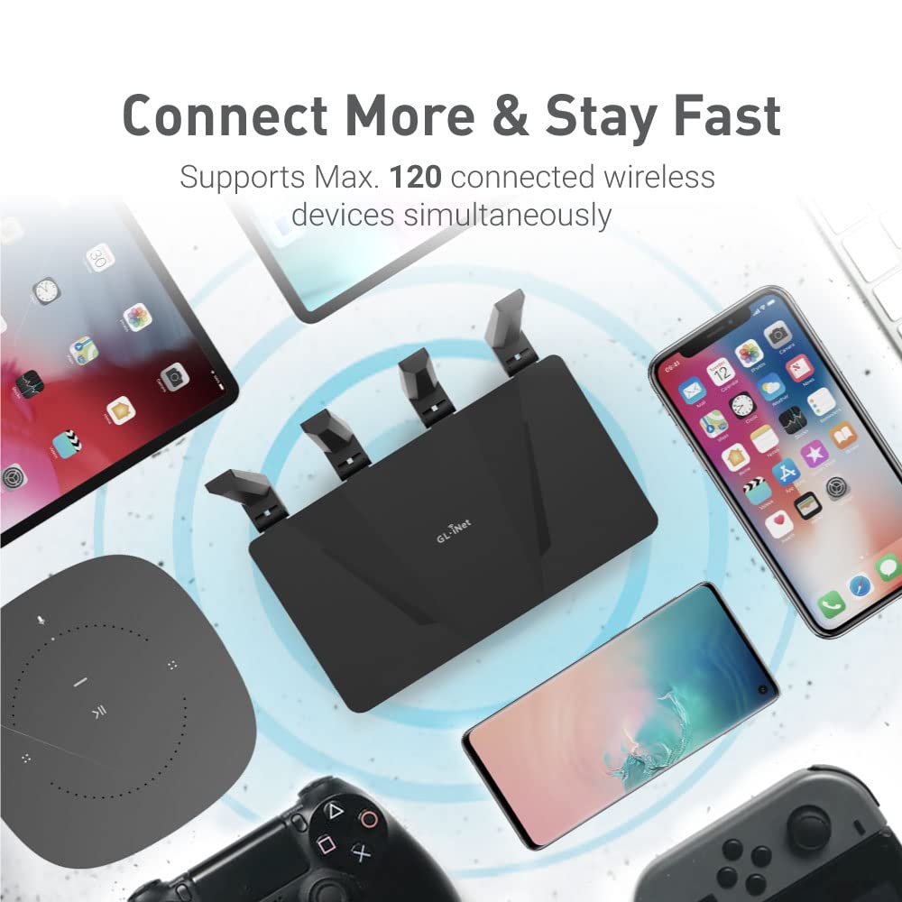 GL.iNet GL-AX1800 (Flint) WiFi 6 Router - Enrutador de Internet inalámbrico Gigabit de doble banda | 5 puertos Ethernet de 1G | Hasta 120 dispositivos | OpenVpn&WireGuard
