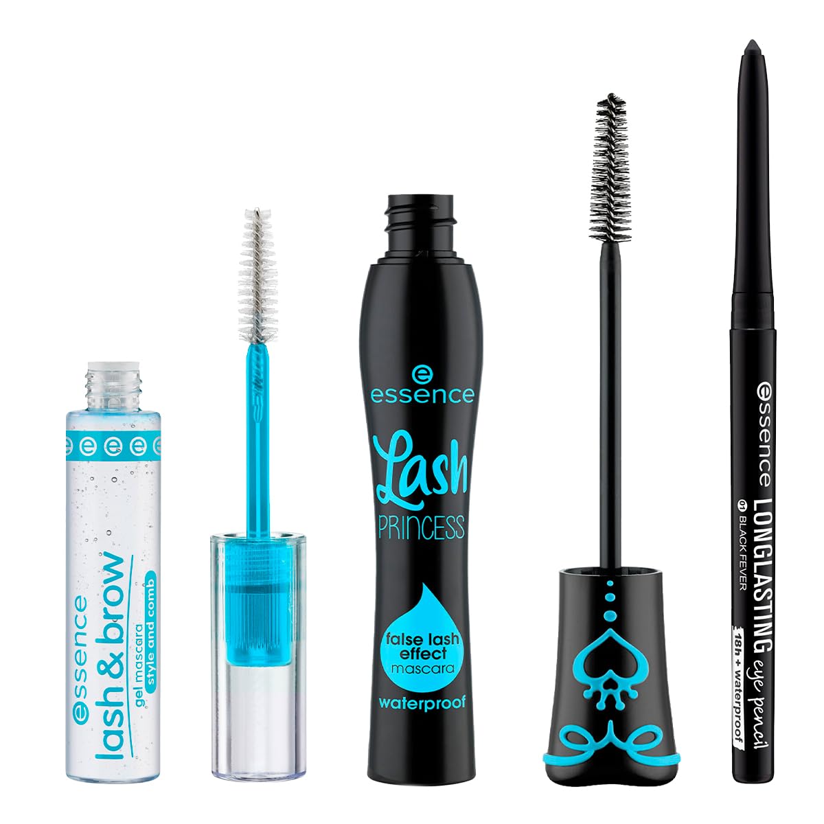 essence - Pack de Maquillaje para Ojos: Máscara Lash Princess Waterproof 12 ml + Lash & Brow Gel 9 ml + Lápiz Long-Lasting Black Fever 0.28 g, Volumen, Definición y Precisión de Larga Duración