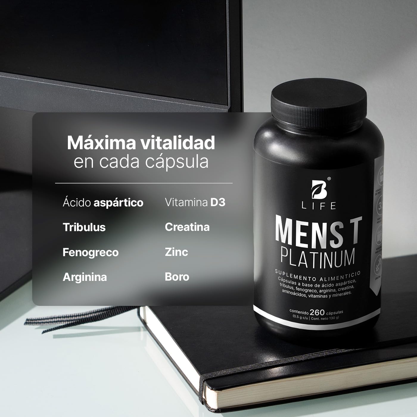 B Life | Fórmula Avanzada Platinum para Hombre | 260 Cápsulas 4000 mg por porción. Fenogreco, Creatina, Aminoácidos, Vitaminas y Minerales. Ingredientes naturales. Mens T Platinum.