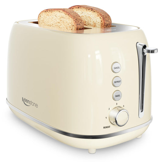 Tostadoras de 2 rebanadas de acero inoxidable retro con bagel, función de cancelación, descongelación y 6 ajustes de sombra de pan, tostador de bagel, beige