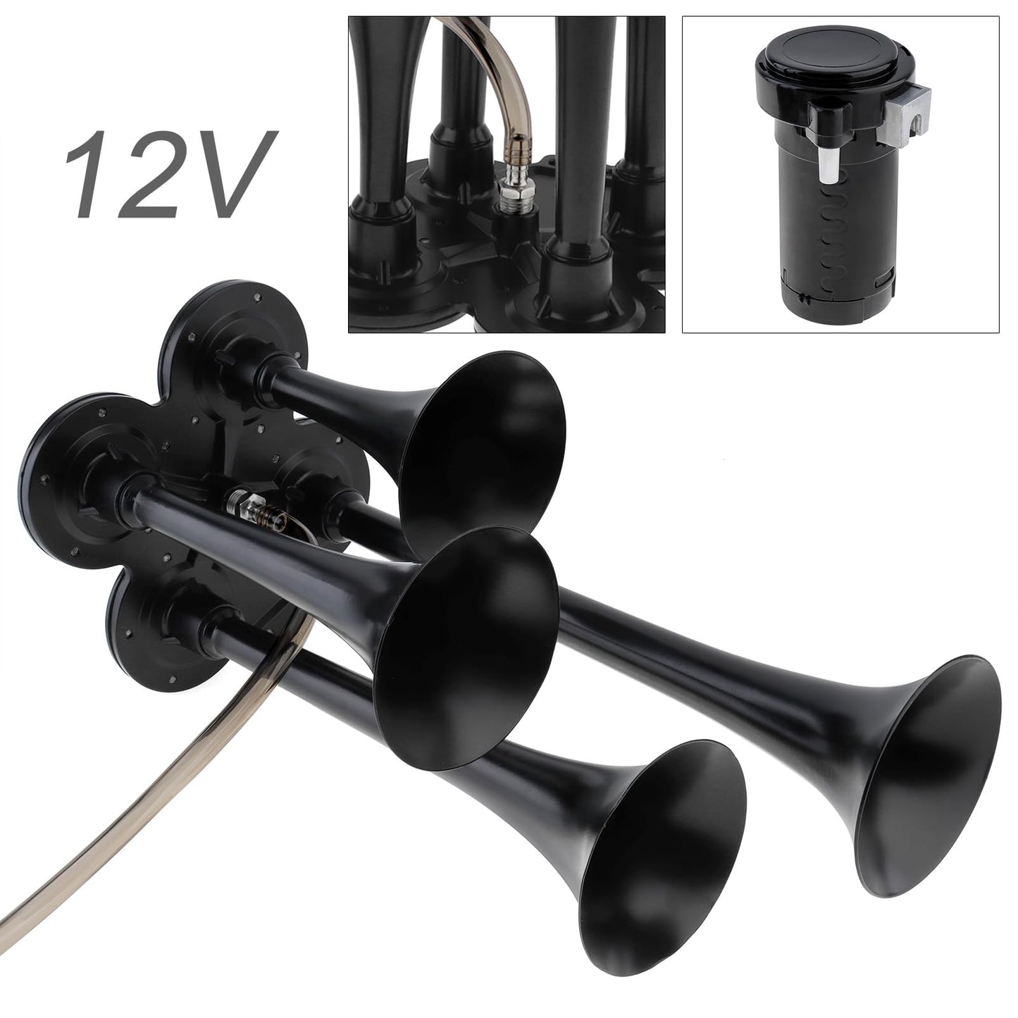DriSentri - Kit de bocinas de tren, 4 trompeta, bocinas de tren superfuertes de 12 V 185 dB para camionetas, cuatro bocinas de aire de trompeta con compresor para vehículos, camiones, camionetas,