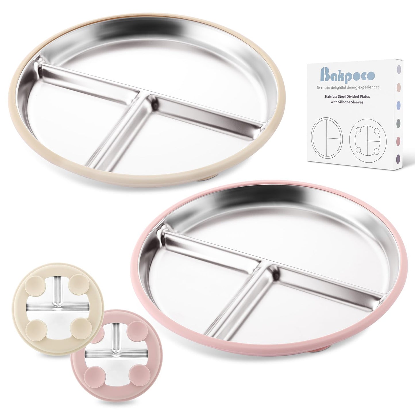 Bakpoco - Plato para bebé de acero inoxidable con succión, platos divididos de 9 pulgadas con mangas de silicona extraíbles para niños, no tóxico, antideslizante, irrompible, apto para lavaplatos,