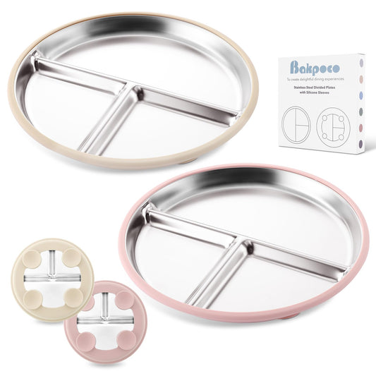 Bakpoco - Plato para bebé de acero inoxidable con succión, platos divididos de 9 pulgadas con mangas de silicona extraíbles para niños, no tóxico, antideslizante, irrompible, apto para lavaplatos,