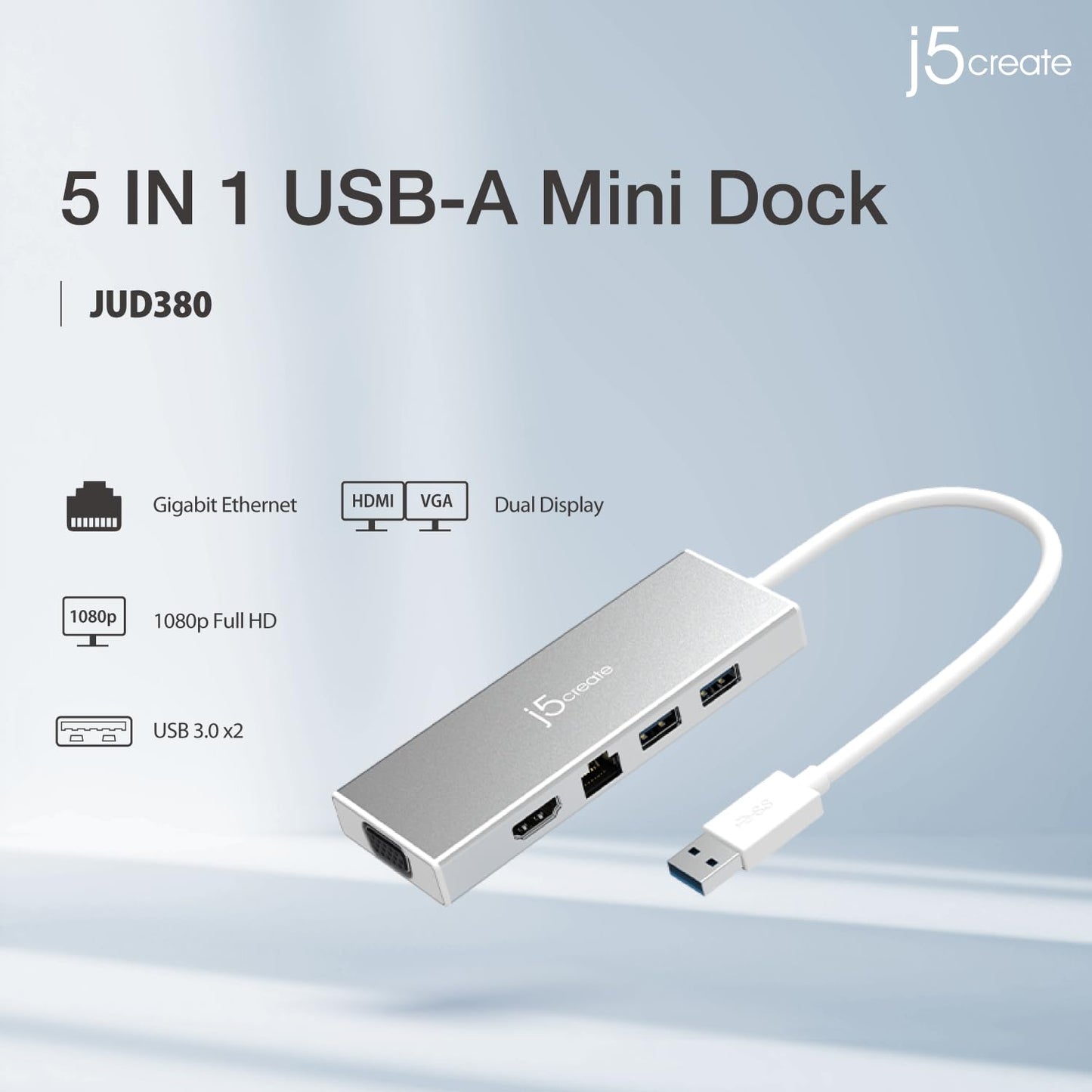 J5create Hub USB 3.0 con HDMI, VGA, RJ45 Gigabit Ethernet, 2 puertos USB 3.1 tipo A - Adaptador de transferencia de datos de alta velocidad para Mac, Windows, PC de sobremesa - Soporta resolución de hasta 2K