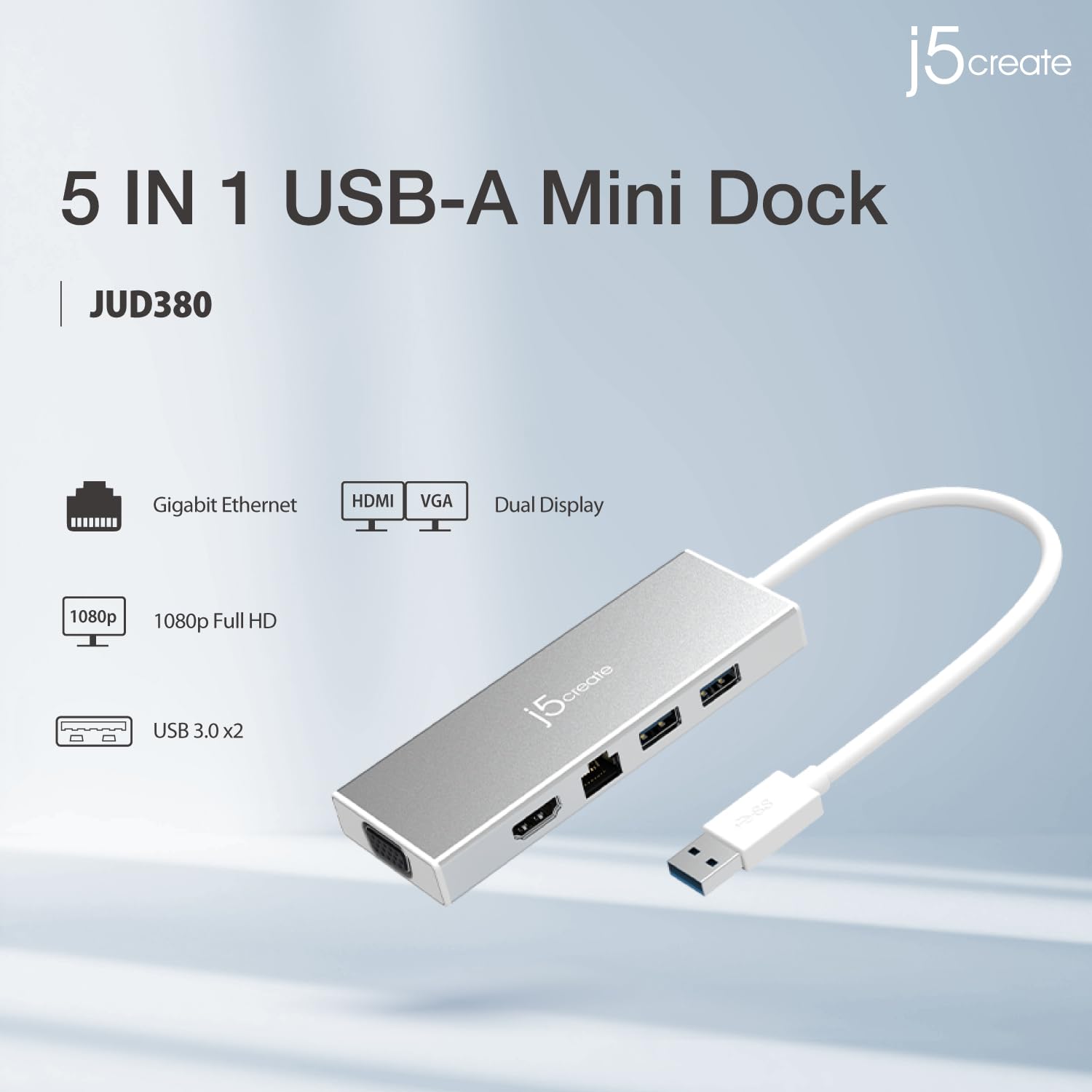 J5create Hub USB 3.0 con HDMI, VGA, RJ45 Gigabit Ethernet, 2 puertos USB 3.1 tipo A - Adaptador de transferencia de datos de alta velocidad para Mac, Windows, PC de sobremesa - Soporta resolución de hasta 2K