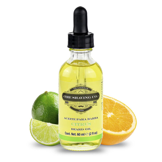 THE SHAVING CO. Aceite para Barba Citrus 60ml/2oz. Nutre, Humecta e Hidrata tu Barba desde la raíz. Hecho especialmente a mano con ingredientes Premium 100% naturales, No contiene alcohol. Libre de Sulfatos y Libre de Parabenos. CITRUS BEARD OIL.