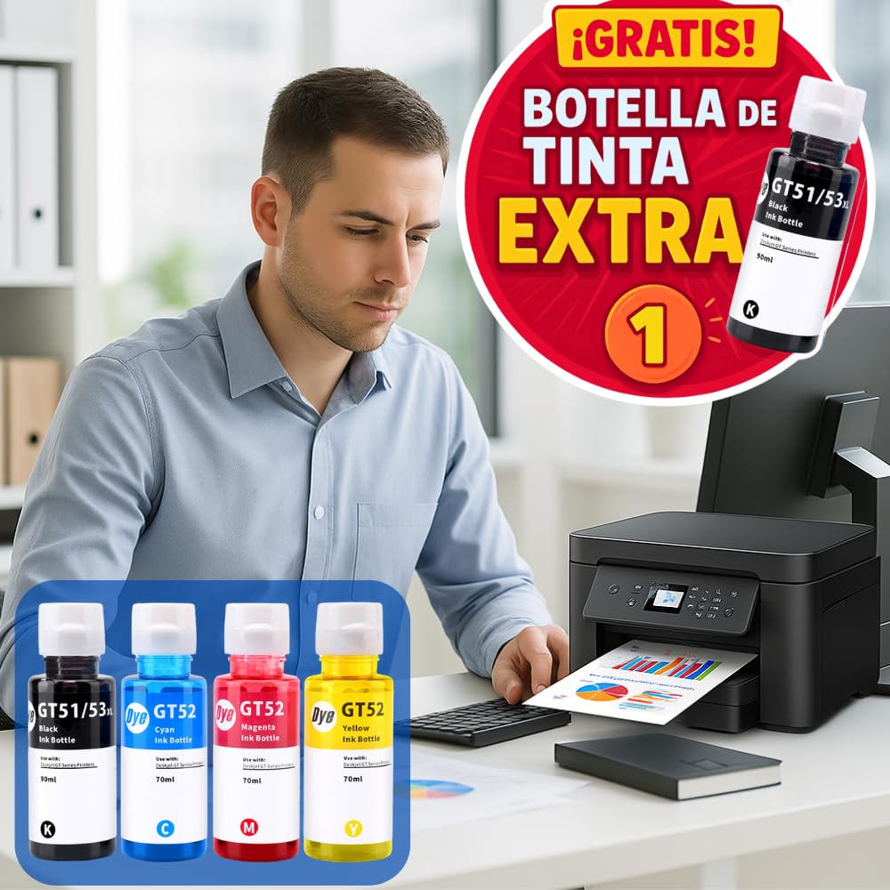 LizzVicc Pack de Tinta Genérica para HP GT53 / GT52 – 2 Botellas Negras (90 ml c/u) + 1 Cian, 1 Magenta y 1 Amarillo (70 ml c/u) – Compatible con Ink Tank 115, 315, 415 y Smart Tank 500, 515, 530, 615