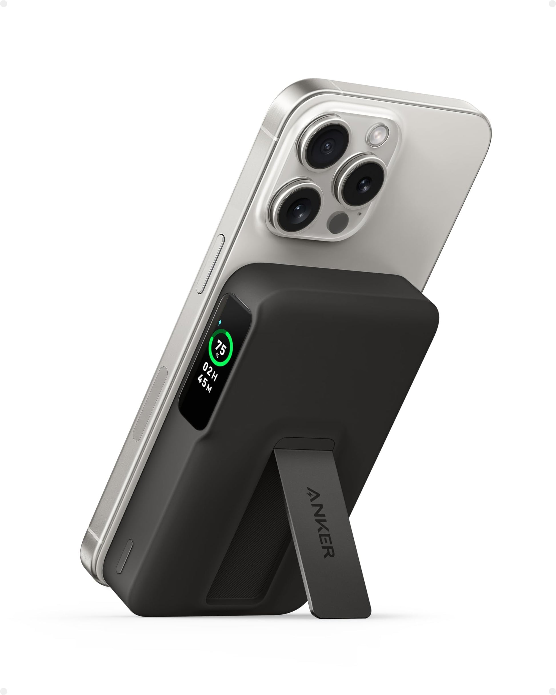 Anker MagGo Power Bank de 10,000 mAh con Pantalla Inteligente y Soporte Plegable, Carga Ultra Rápida de 15W con Certificación Qi2 Compatible con MagSafe, Solo para iPhone 16/15 (Incluye Cable USB C)