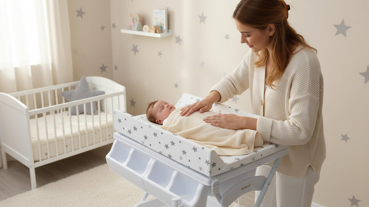 BAMBINETO Bañera alta para bebé BATH con Colchón Cambiador y Base de tijera. ESTRELLAS GRIS