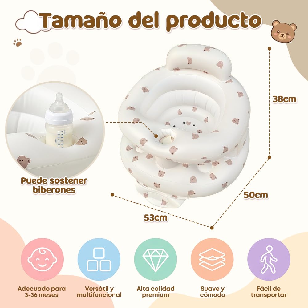 Asiento Inflable Circundante para Bebés, Respaldo Inflable Sofá, Silla Inflable Plegable, Bomba De Aire Incorporada y Bandeja, Adecuado Para Que Los Niños Coman Y Se Bañen (Oso Pardo)