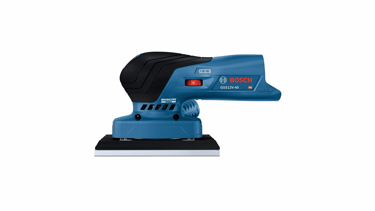 BOSCH GSS12V-40N Lijadora de acabado orbital sin escobillas de 12 V Max con bolsa para polvo, 1/4 y 1/3 hoja (herramienta desnuda)
