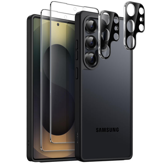 JETech 5 en 1 Funda Mate para Samsung Galaxy S25 Ultra 5G con 2 Protector Pantalla y 2 Protector Lente Cámara, Carcasa Respaldo Translúcida, Mica Cristal Vidrio Templado (Negro Titanio)