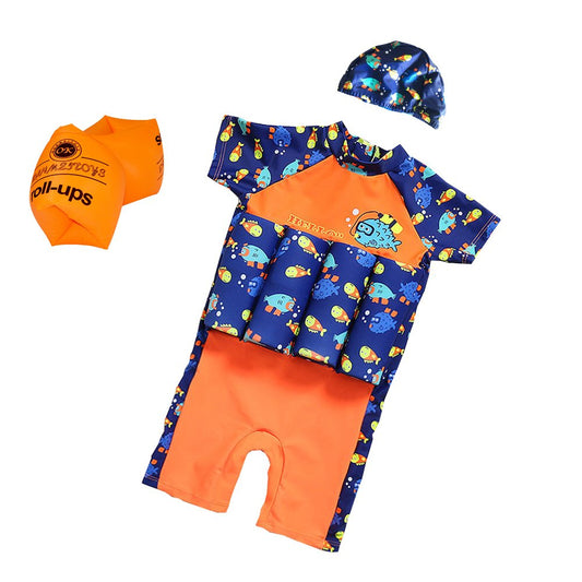 ESA Supplies - Bañador Flotante para niños pequeños, Color Naranja y Azul con Gorro de natación y Anillo Hinchable, Anaranjado, Medium