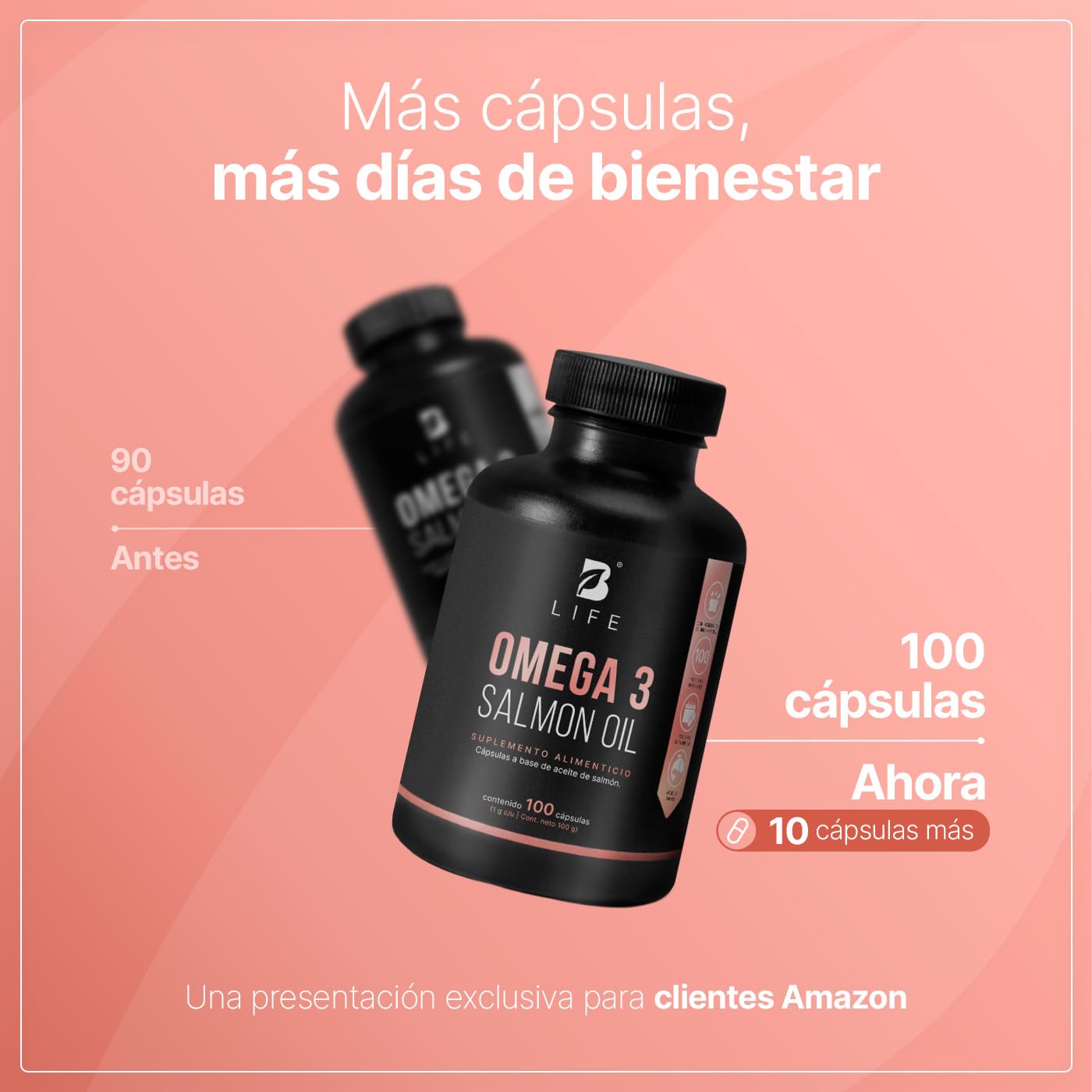 B Life Omega 3 | Aceite Puro de Salmón | 100 Cápsulas con 1000 mg por porción | EPA y DHA | Ingredientes Naturales | Omega 3 Salmon Oil.