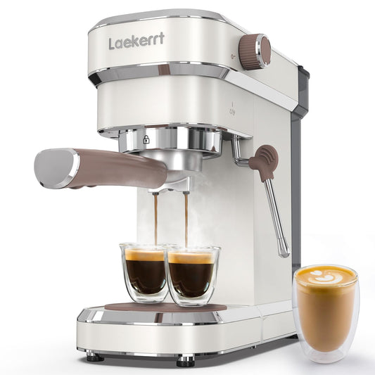 Máquina de café expreso Laekerrt, cafetera espresso de 20 bares con espumador de leche, cafetera pequeña compacta para café con leche y capuchino (blanco pera, acero inoxidable)