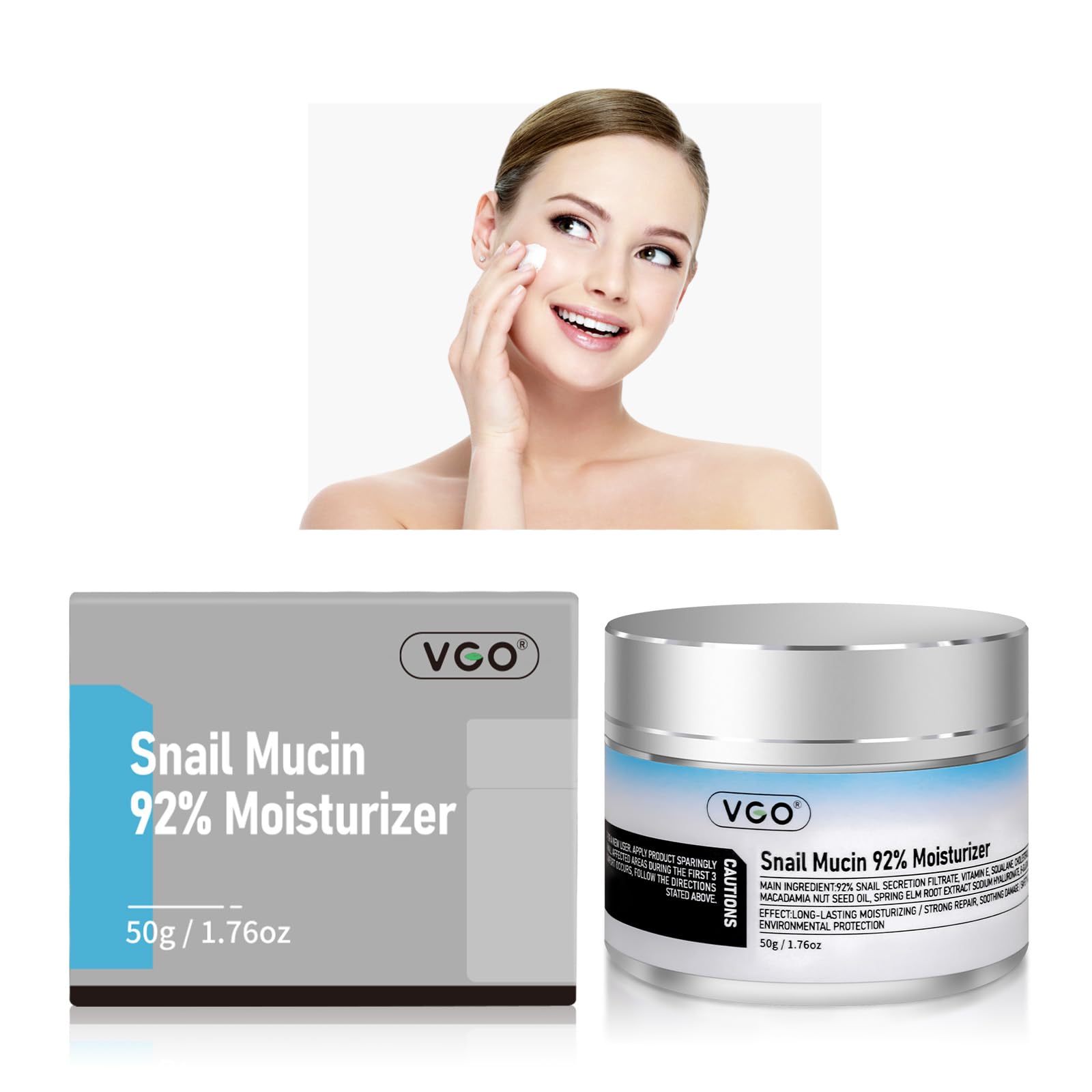 VGO-Crema hidratante facial de uso diario con mucina de caracol al 92% en gel reparador e hidratante para pieles secas y sensibles, todo tipo de pieles, 50 g/1,76 oz