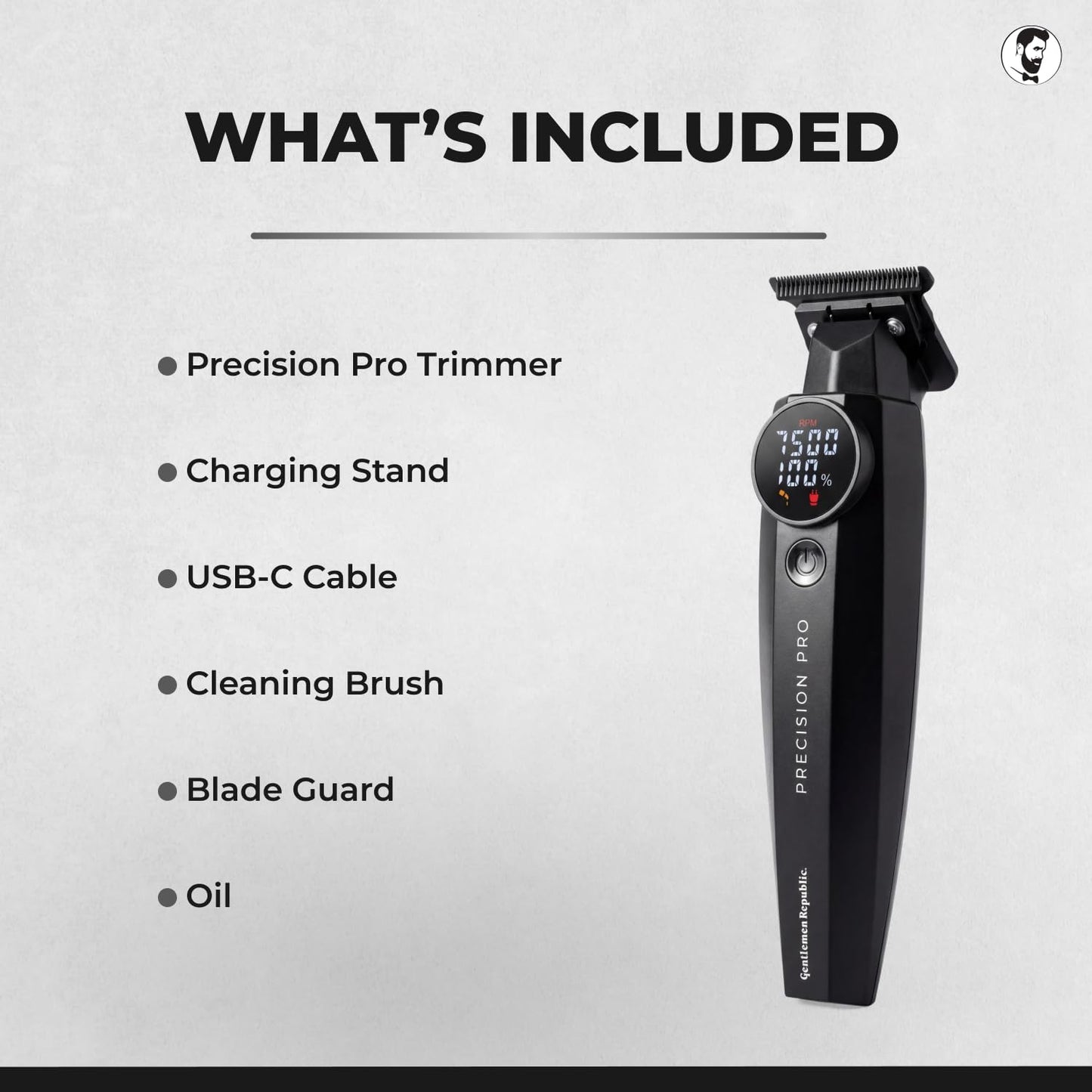 Gentlemen Republic Precision Pro - Recortadora de barba profesional para hombres con hoja de cero huecos, motor de alto par, carga rápida USB-C, 2 horas de cabello inalámbrico y recortadora de línea