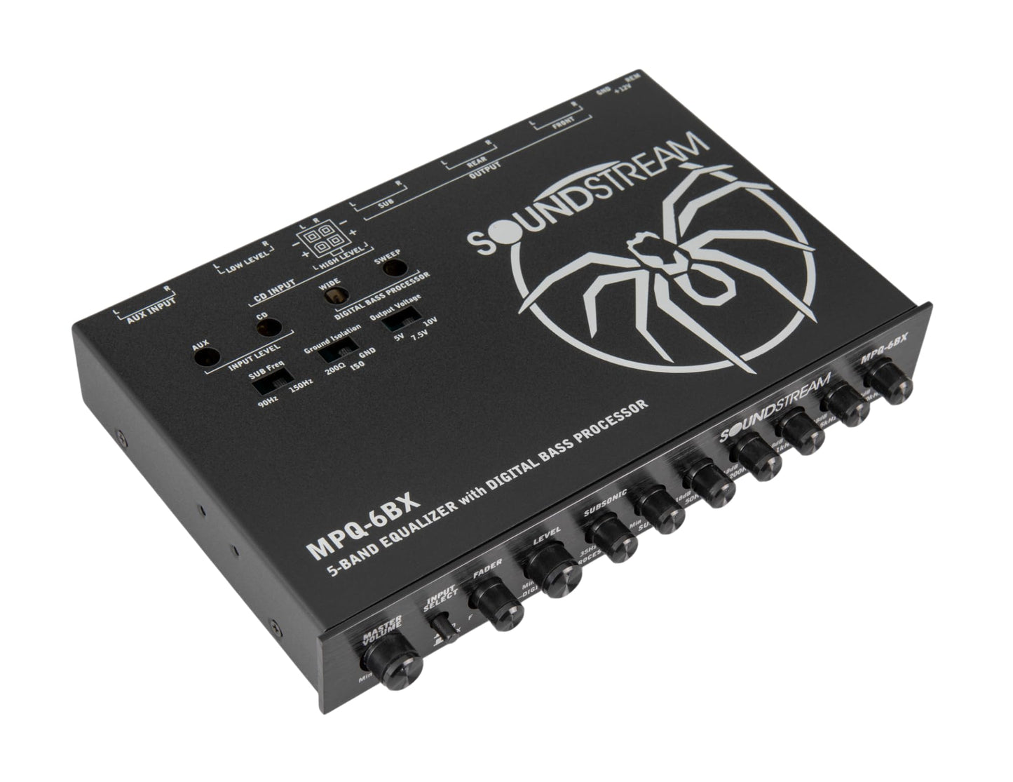Soundstream MPQ-6BX 1/2 DIN 5 bandas ecualizador de audio para coche con reconstrucción de graves digitales – salida RMS de 7 V, filtro subsónico, ajuste de ecualizador de ± 18 dB, preamplificador de