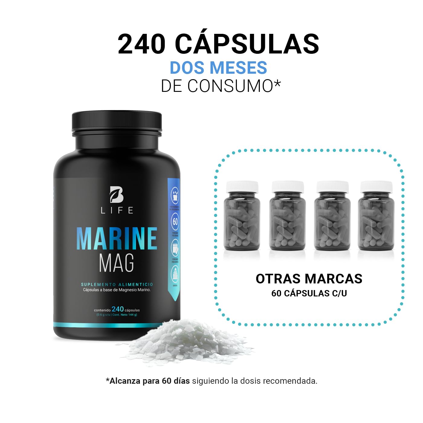 Magnesio Marino de 240 Cápsulas. Ingredientes naturales. Alta biodisponibilidad y absorción. Marine Mag B Life.