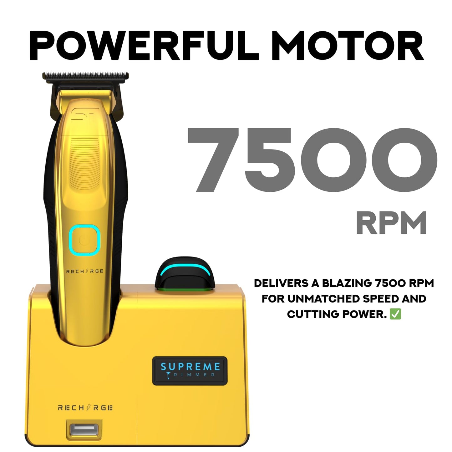 Supreme Trimmer Recarga Zero Gappable Trimmer para Barberos | 7500+ RPM, batería extraíble, soporte de carga USB inteligente + carga iPhone/Android | Gold ST777