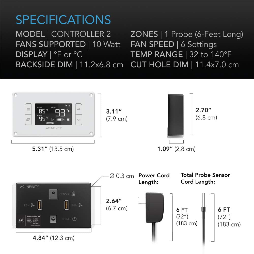 Sistema de Ventilación Silenciosa AC Infinity AIRPLATE T8 Negro con Control de Termostato para Gabinetes AV