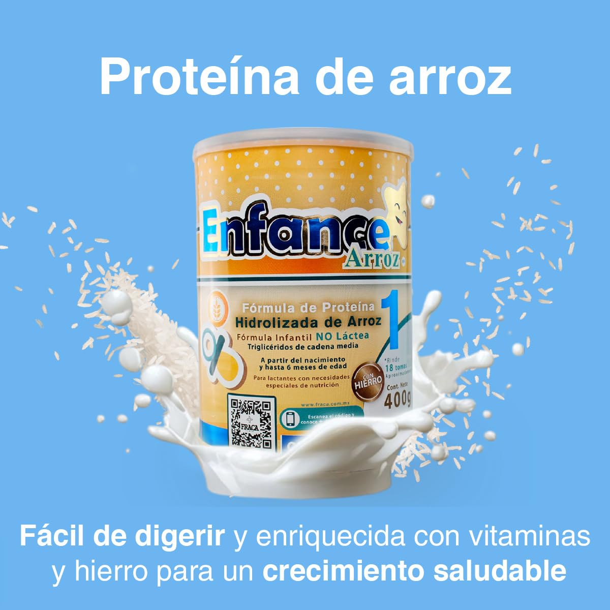 Fraca | Enface Arroz 1 | Fórmula infantil de proteína procesada de arroz | Libre de lactosa | Enriquecida con hierro |Desde 0 a 6 meses| Pack 3 latas 400g c/u