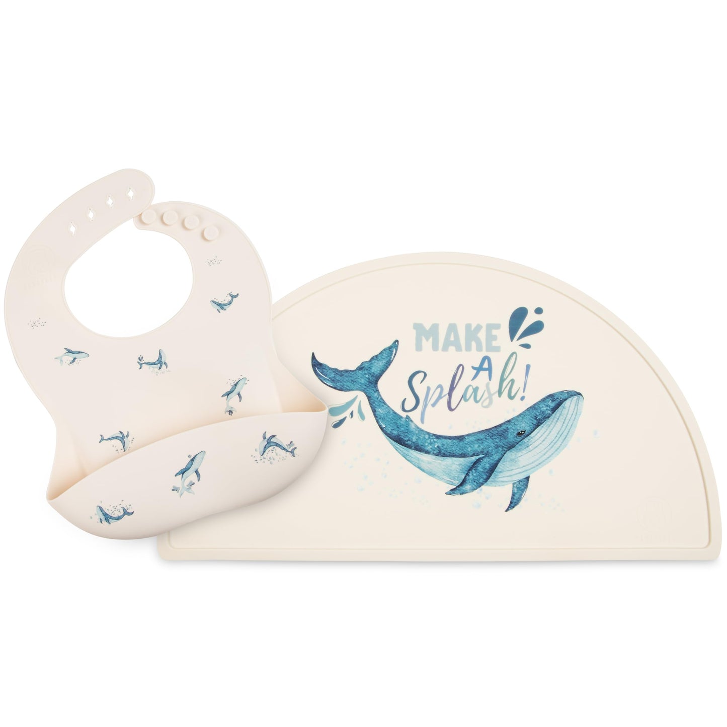 Mamabears - Babero y tapete de silicona para bebé, para niños, niñas, bebés y niños pequeños, impermeable, ajustable, sin BPA, malvavisco (ballenas)