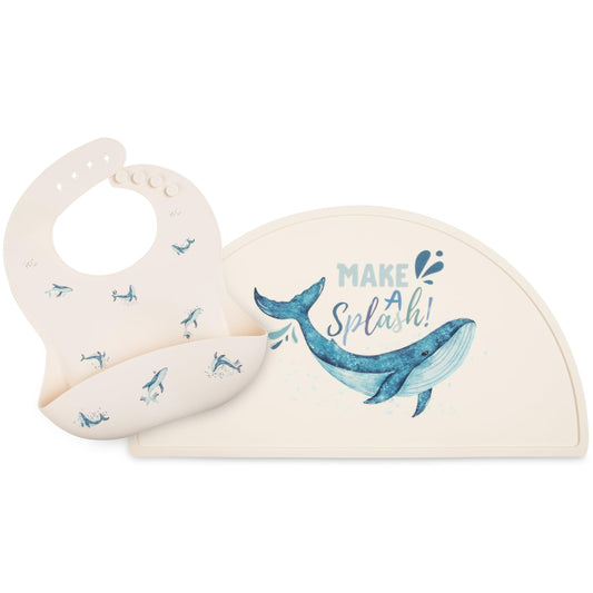 Babero y Tapete de Silicona Mamabears Malvavisco Ballenas Impermeable Ajustable sin BPA para Bebé