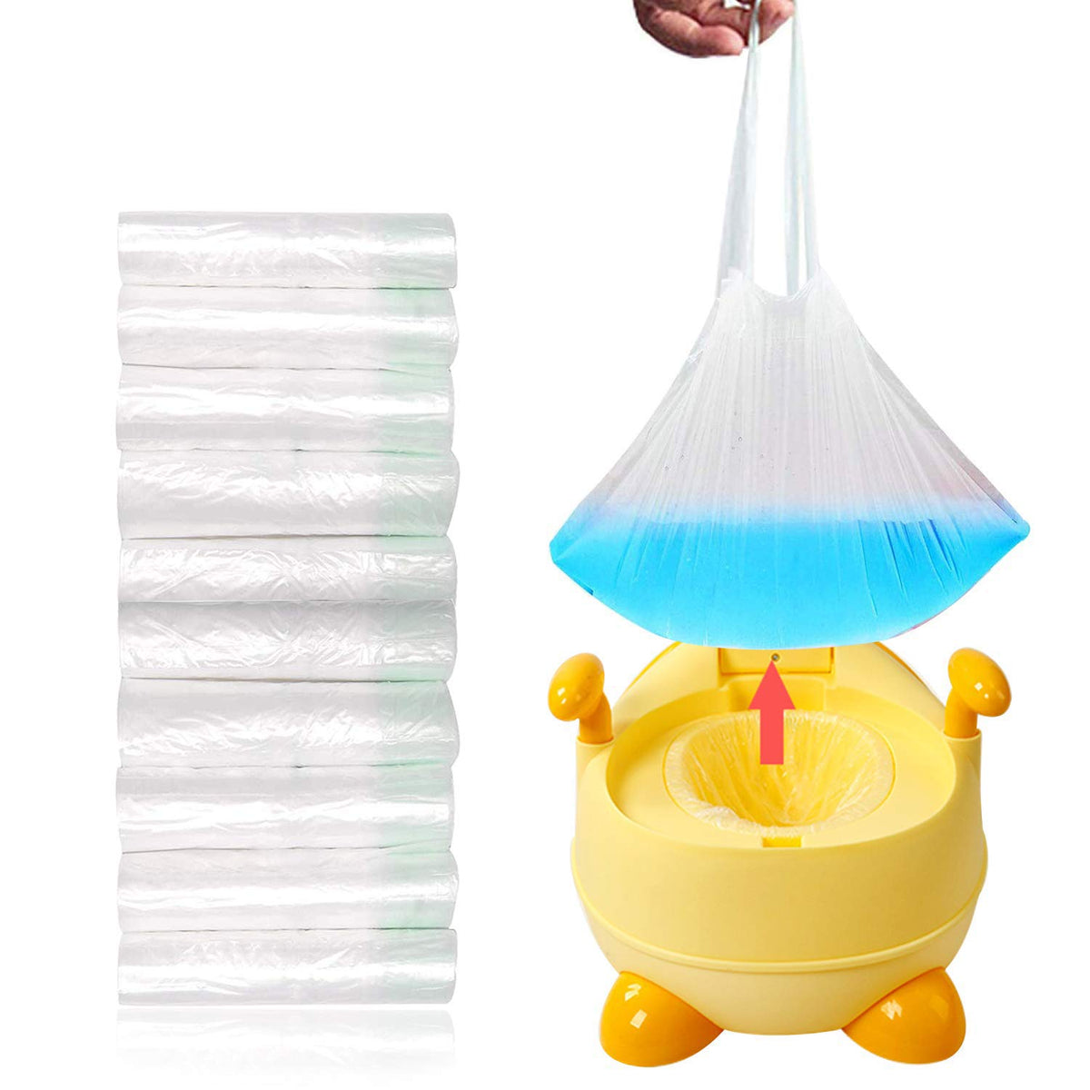 Paquete de 100 forros universales portátiles para sillas de orinal con cordón de entrenamiento, bolsas de limpieza para niños, niños, adultos, mascotas al aire libre (42 x 24 cm)