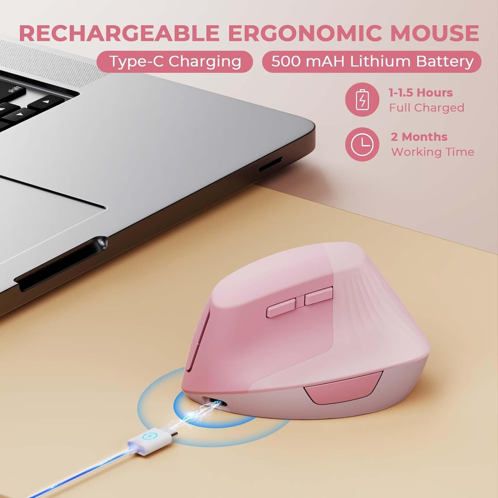 Mouse Vertical zienstar Rosa Ergonómico Inalámbrico Recargable Modo Dual Clic Silencioso