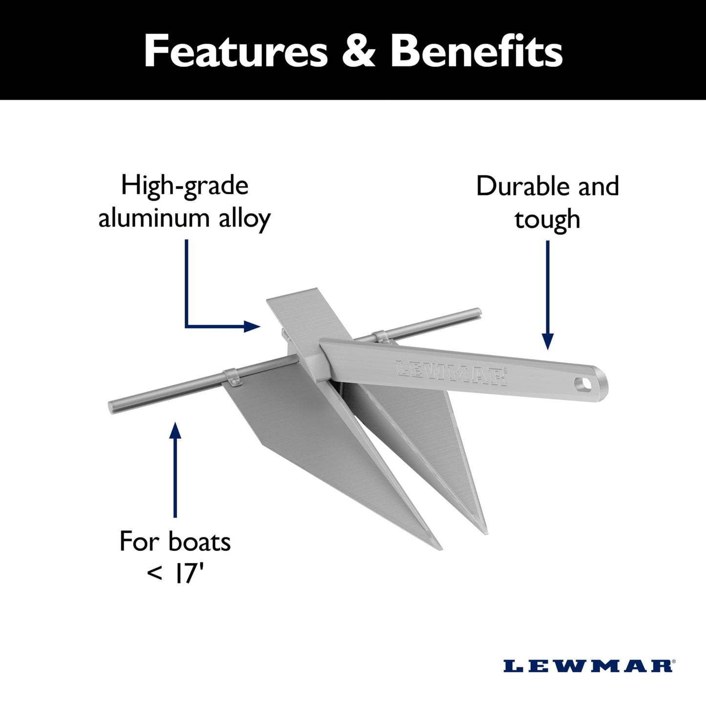 Lewmar LFX - Ancla de Aluminio Fluke de 2 Libras, para Barcos de Menos de 17 pies, Acabado anodizado, ángulos Ajustables, Mide 18.7 Pulgadas de Largo x 14.2 Pulgadas de Ancho, 10.1 Pulgadas de