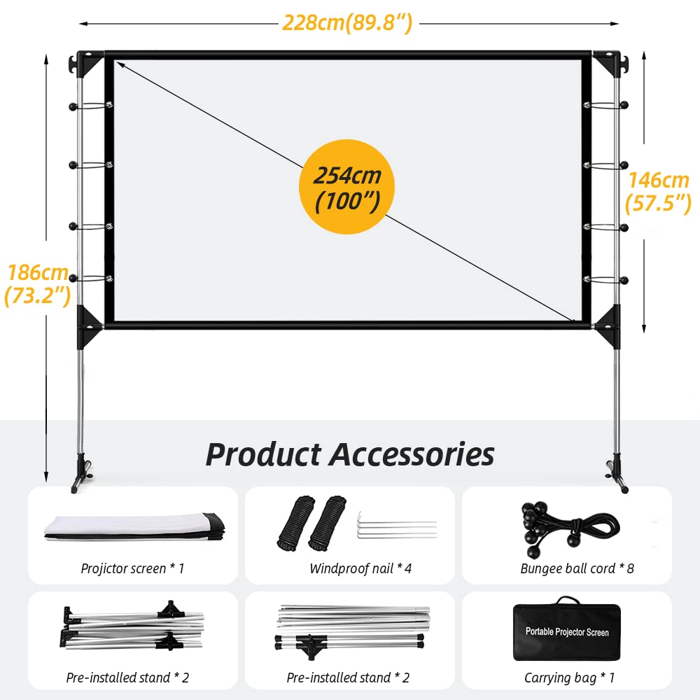 NIERBO Pantalla de proyector con Soporte Pantalla de proyección de películas 16:9 4k HD retroproyección Frontal con Bolsa para Cine en casa al Aire Libre Backyard Movie (100 Inch)