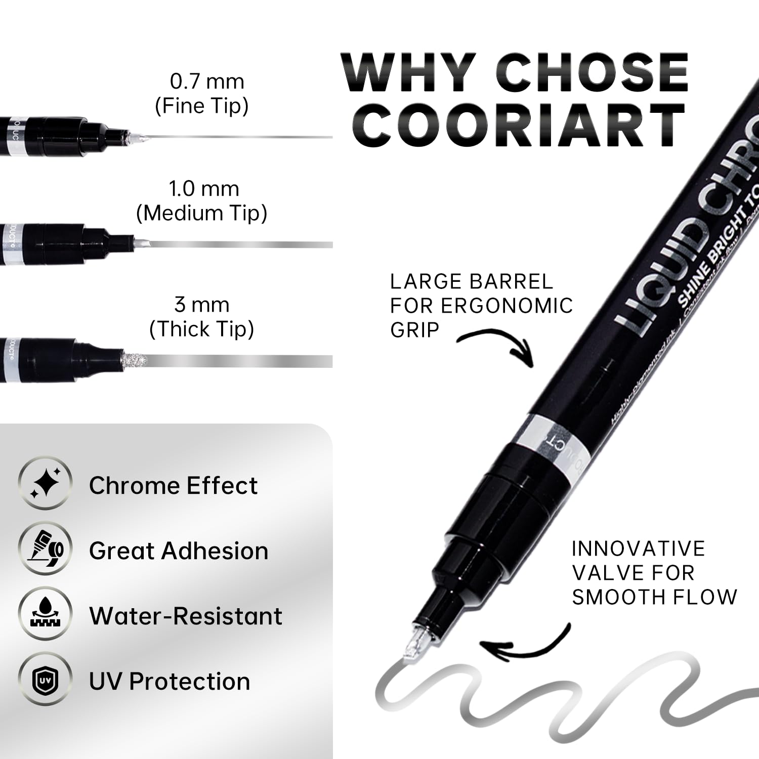 COORIART - Juego de 3 rotuladores cromados para cualquier superficie | Rotulador de pintura cromado para reparar, retocar, líquido reflectante permanente, pintura modelo, marcado o proyectos de arte