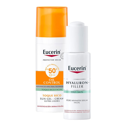 Kit Eucerin Hyaluron-Filler pore minimizer serum 30ml + Protector solar facial efecto mate toque seco Oil Control, 50 ml