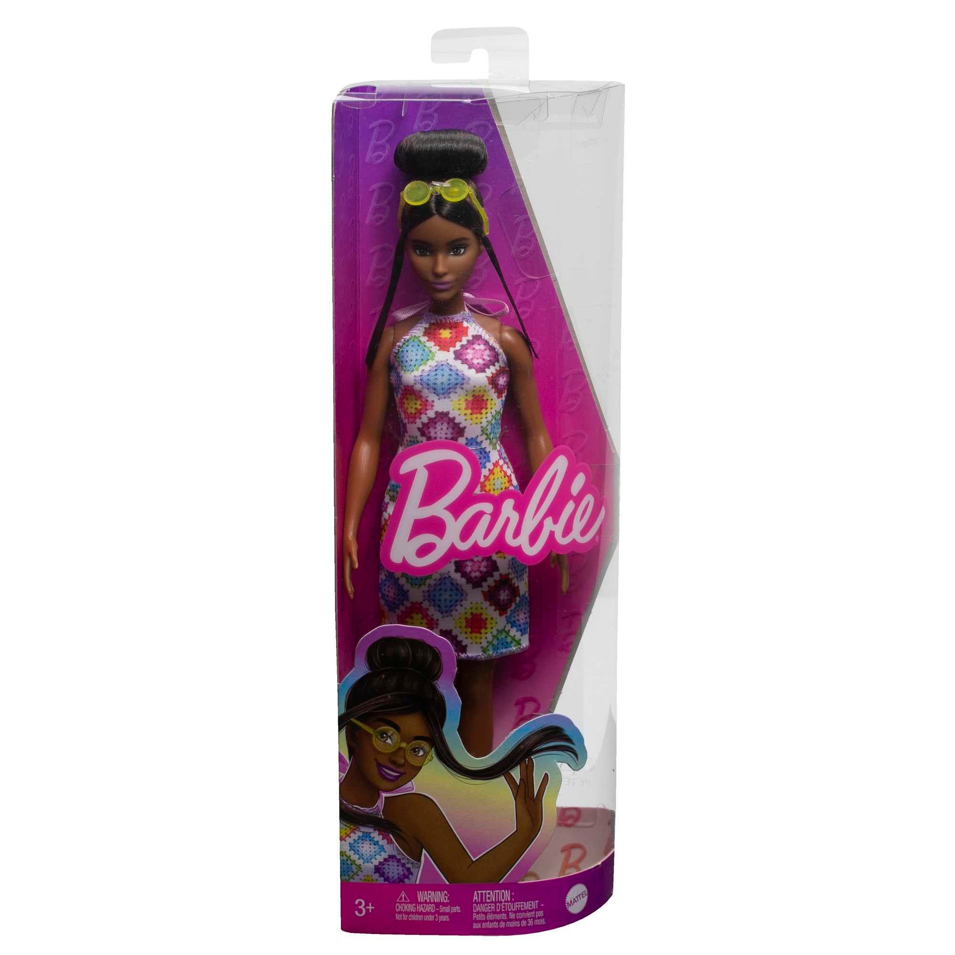 Barbie, Fashionista, Muñeca con Vestido Blanco con Rombos, para Niñas de 3 Años en Adelante, Mattel