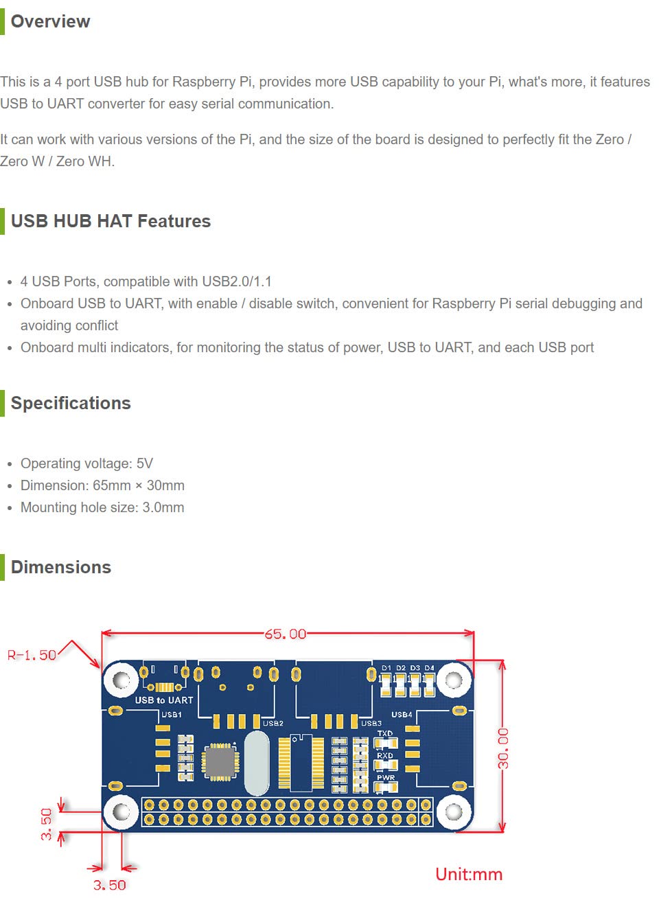 Hub USB 4 Puertos Waveshare Blanco con USB a UART Integrado para Raspberry Pi Zero/Zero W/B+/2B/3B/3B+ Compatible con USB2.0/1.1