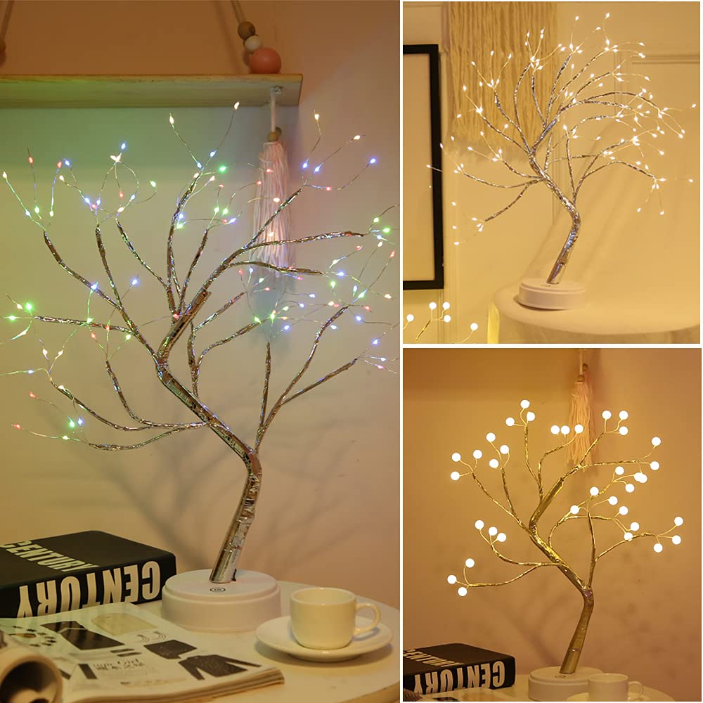 INGEQUIS Lámpara Nocturna Bonsái, Luz Árbol con 108 Leds y Ramas Regulables, Control Táctil, Decoración Luminosa para Recámara, Fiestas, Navidad etc. (Colorido)