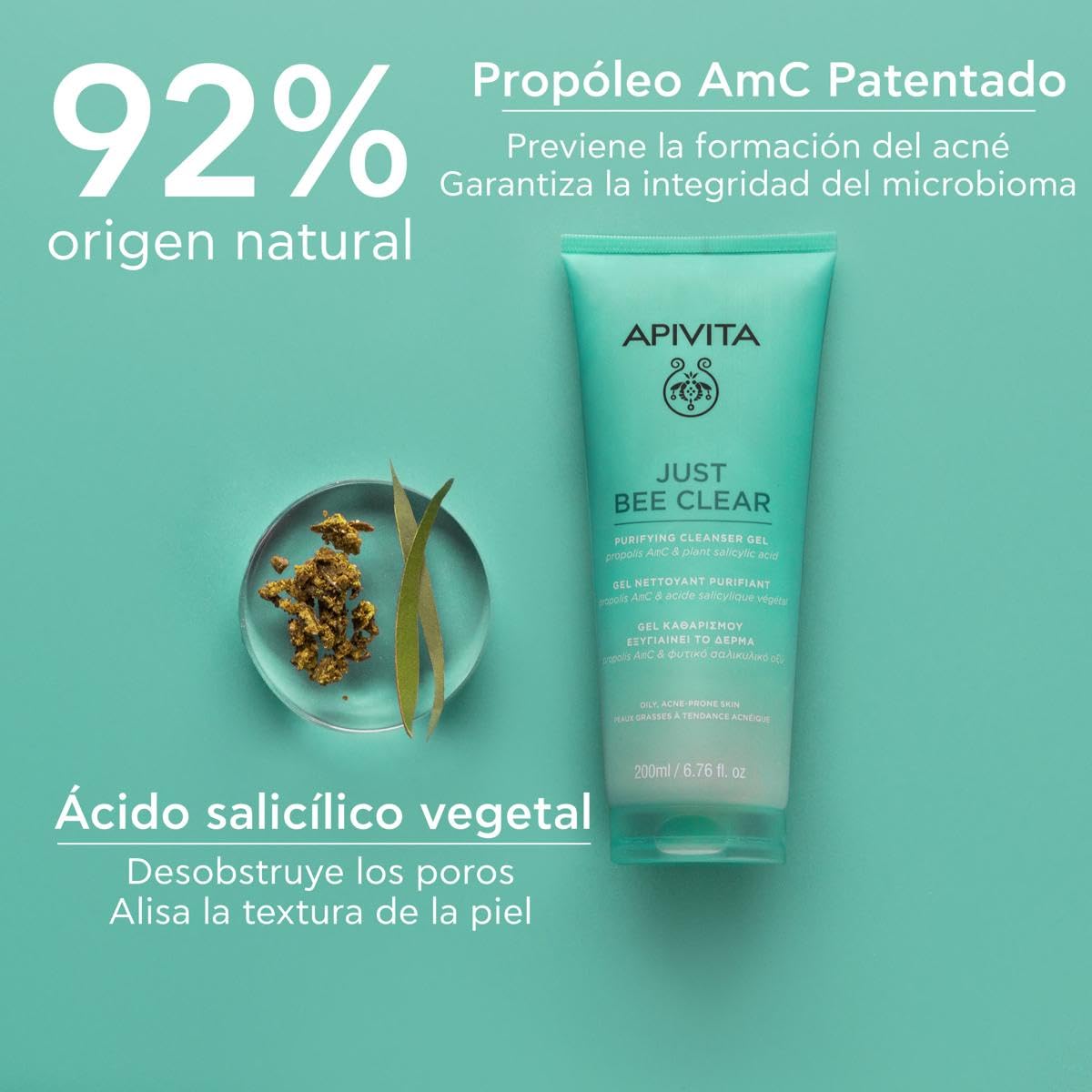 Apivita Just Bee Clear gel limpiador purificante Just Bee Clear 200 ml – con propóleo AmC patentado y ácido salicílico vegetal – limpia en profundidad, purifica y reduce el exceso de sebo