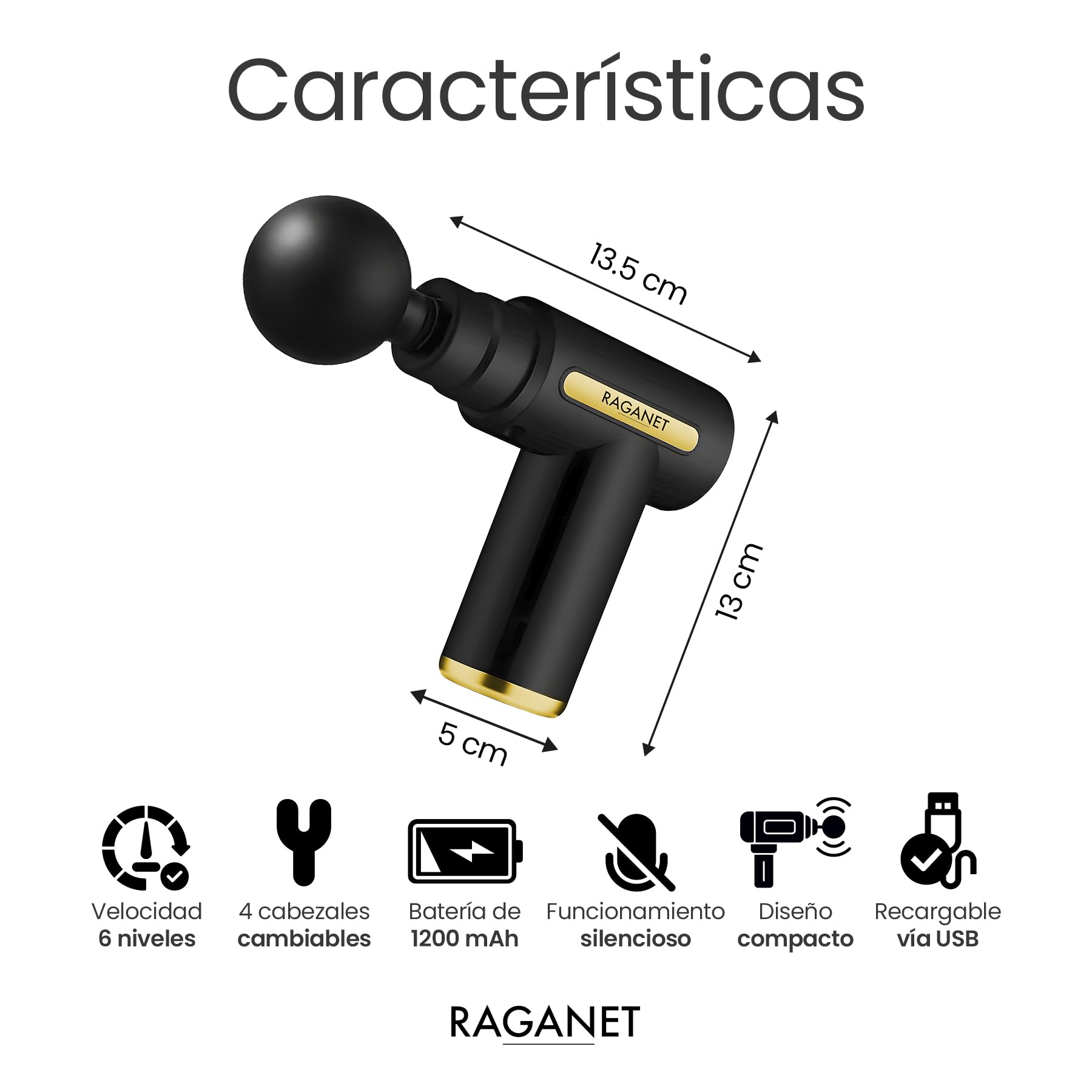 Raganet, Pistola Masajeadora con 4 Cabezas, Maquina Masajeadora de 6 Velocidades, Masaje Profesional Para Musculos, Ligamentos y Tejidos, Pistola Portatil, Carga USB (Color Negro)