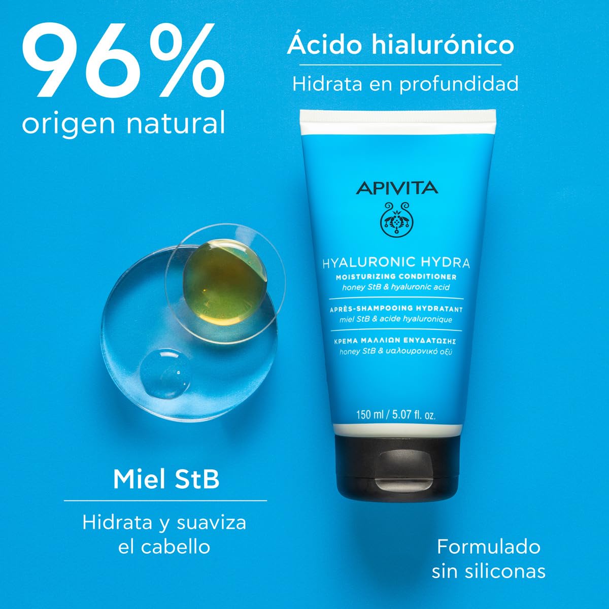 Apivita acondicionador hidratante Hyaluronic Hydra 150ml - Con ácido hialurónico, aloe y miel - Hidratación profunda del cabello, control del encrespamiento, prevención de rotura del cabello y puntas abiertas.