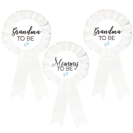 1 Pin de placa de hojalata para mami, 2 insignias para las abuelas, botón de ducha de bebé, regalos para mamá, regalo de género, revela la fiesta, bebé, niño, botón de roseta blanca, celebración del bebé (blanco, huella azul)