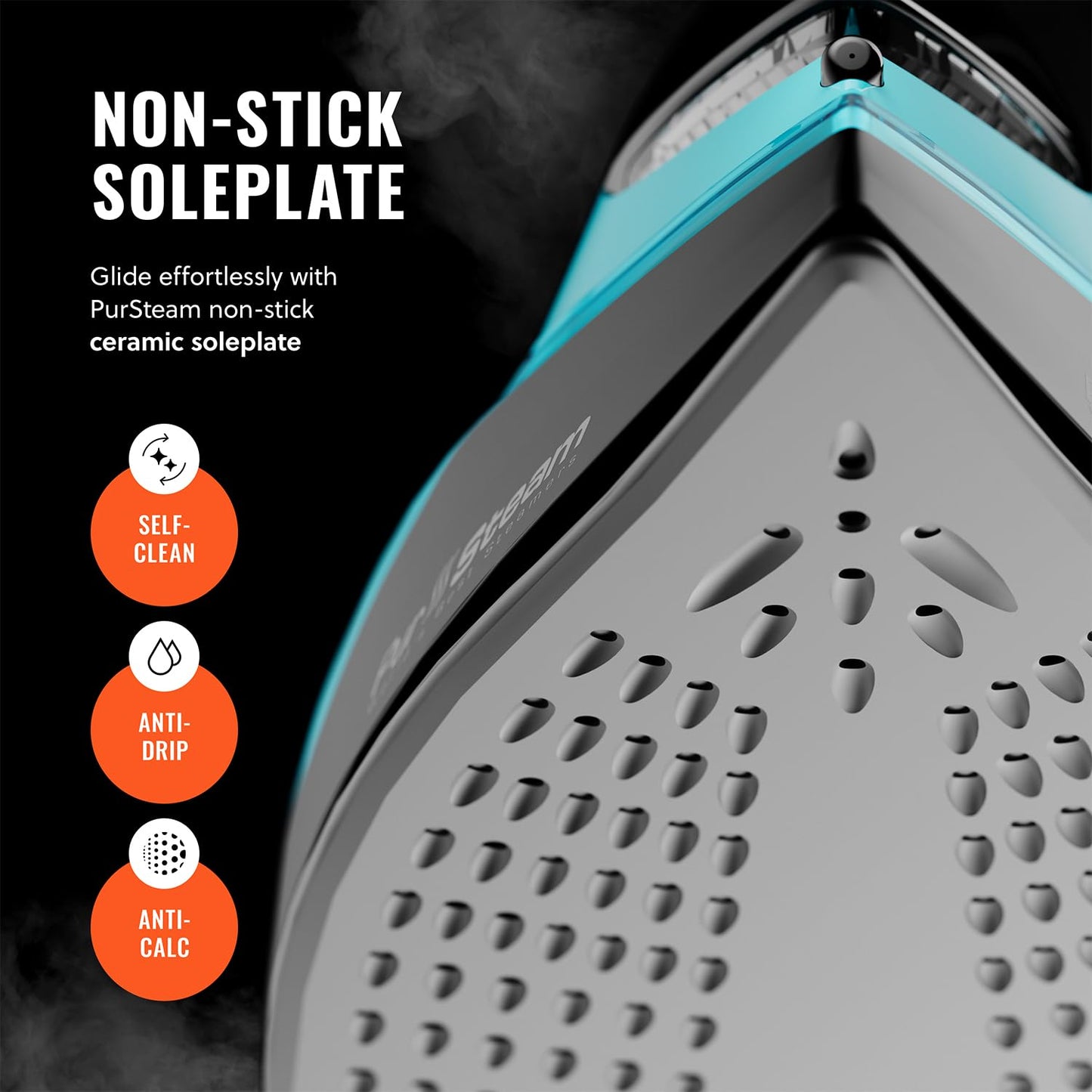 PurSteam SteamTech Elite - Plancha de vapor de 1750 W, control digital de temperatura y visualización LED, suela de cerámica, vapor ajustable, autolimpiable, anticalcio, antigoteo, apagado automático
