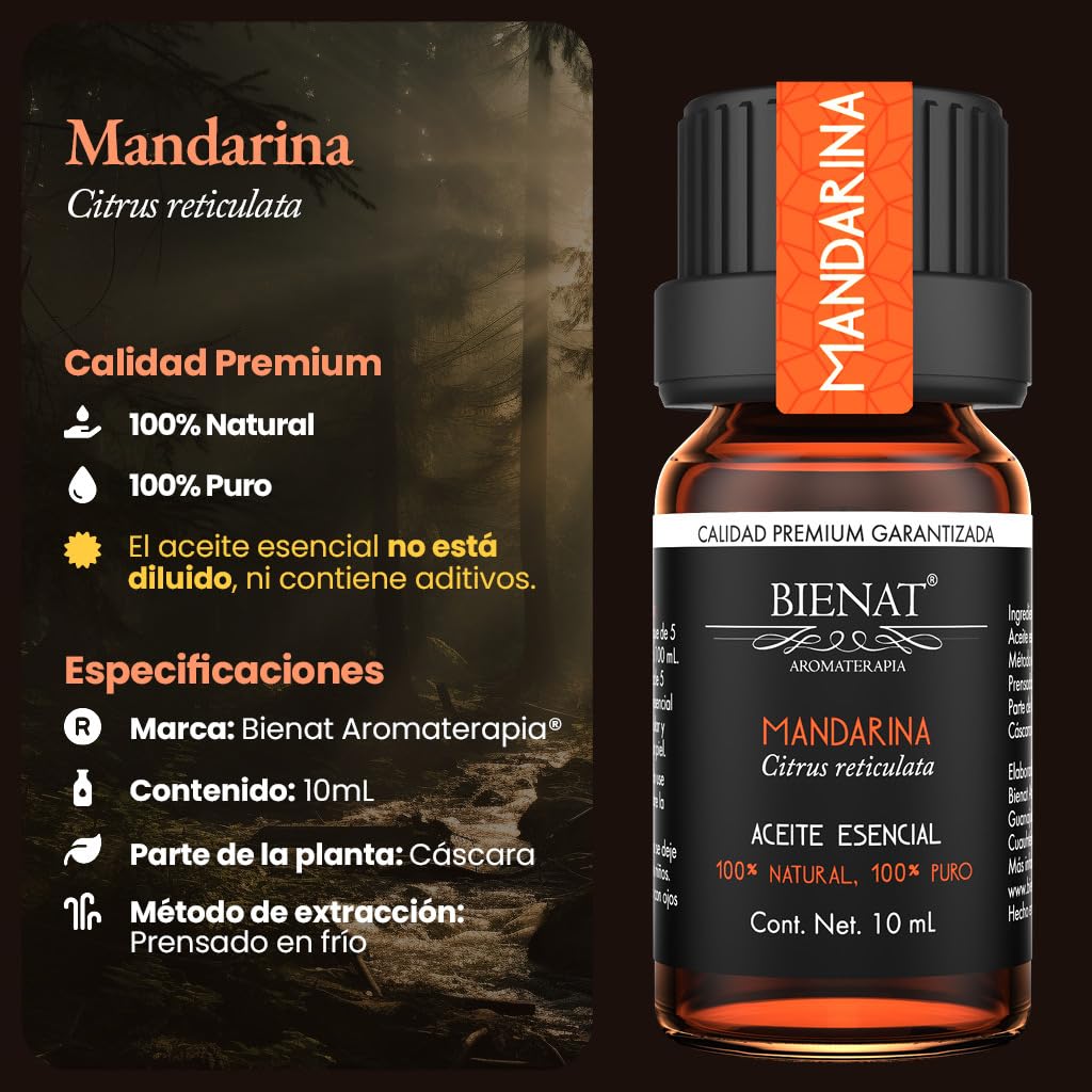BIENAT AROMATERAPIA Aceite Esencial de Mandarina 10mL | 100% Puro y Concentrado | Ideal para Difusor de Aromas, Humidificador, Aromaterapia, Masajes, Meditación, Jabones y Velas | Esencia Natural en Gotas